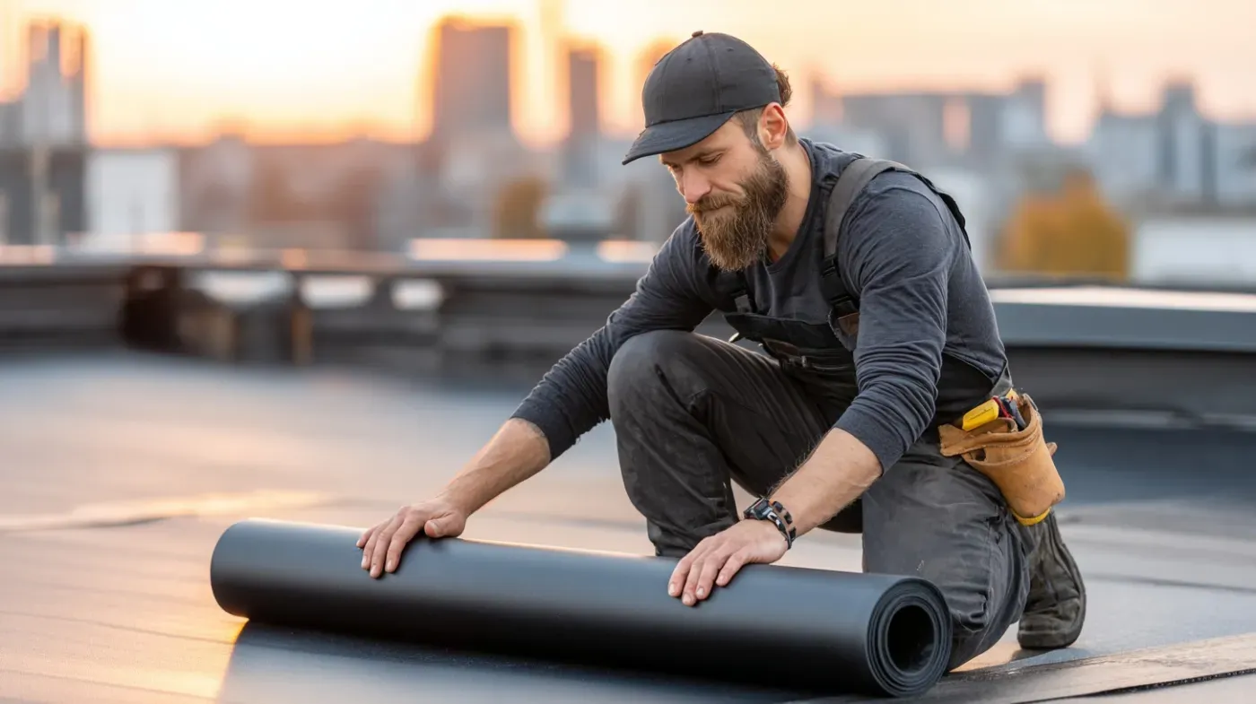 Roofer installing a new flat roof membrane on a Lewisham property