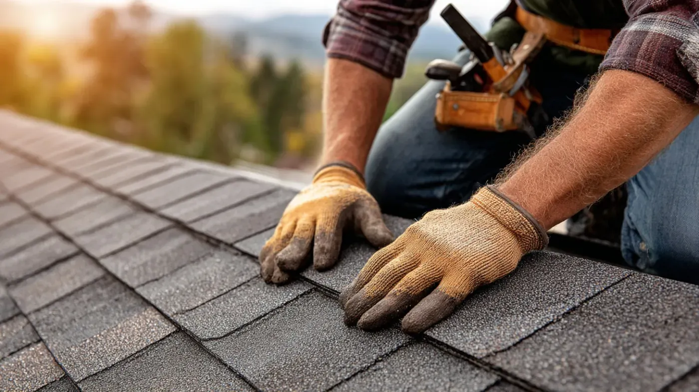 Roofer on a pitched roof in Lewisham fitting new tiles against a blue sky